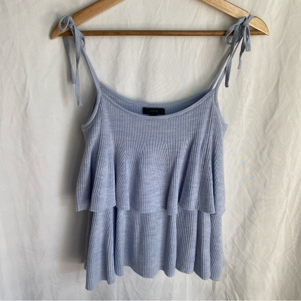 J. Crew Blue 100% Merino Wool Knit Ruffle Top Size Small Tie Straps